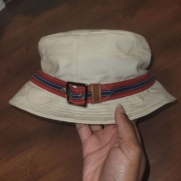 Coach Accessories - Coach Cream and Red Bucket Hat with Striped Band